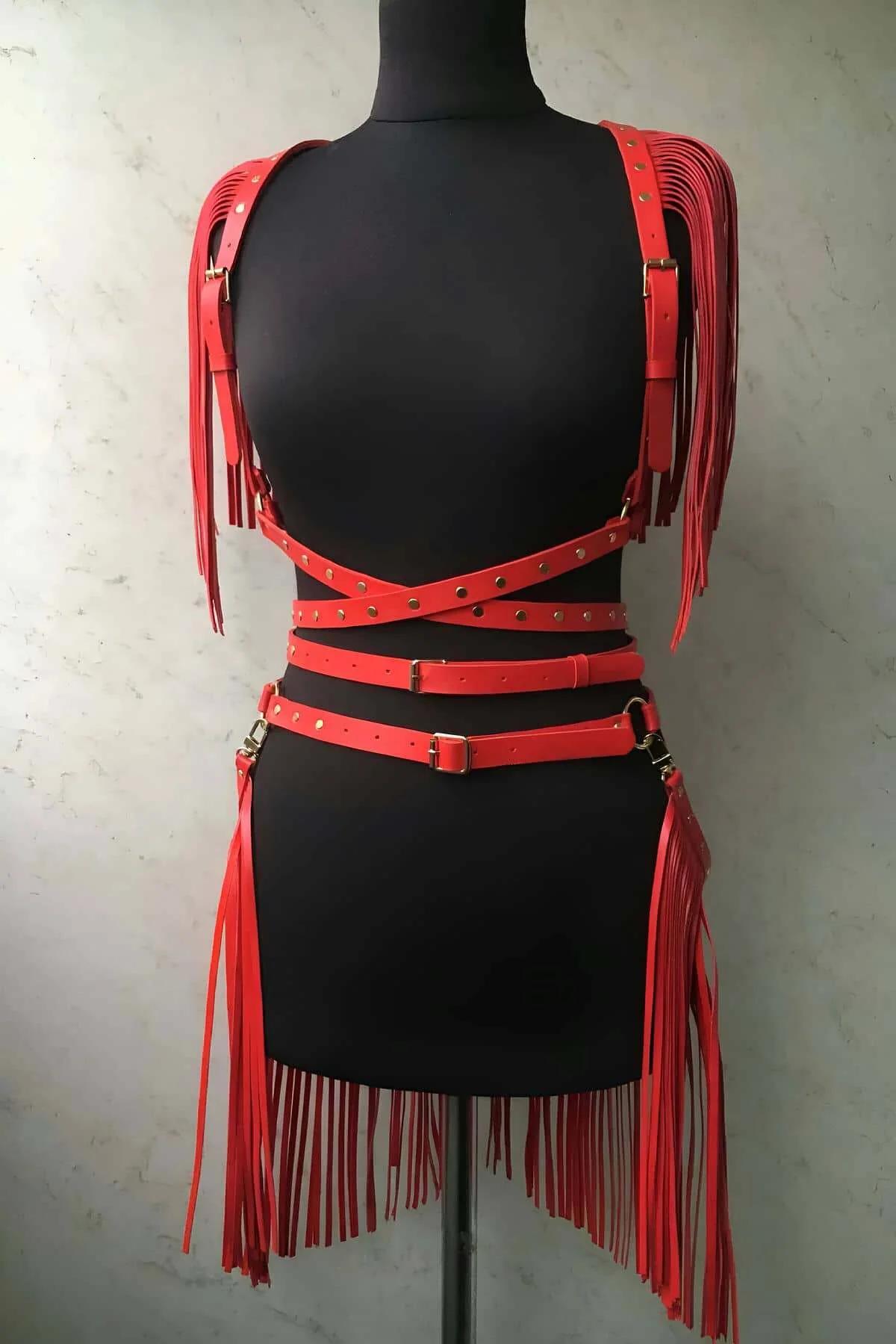Red Leather Body Harness Set with Fringe Detail