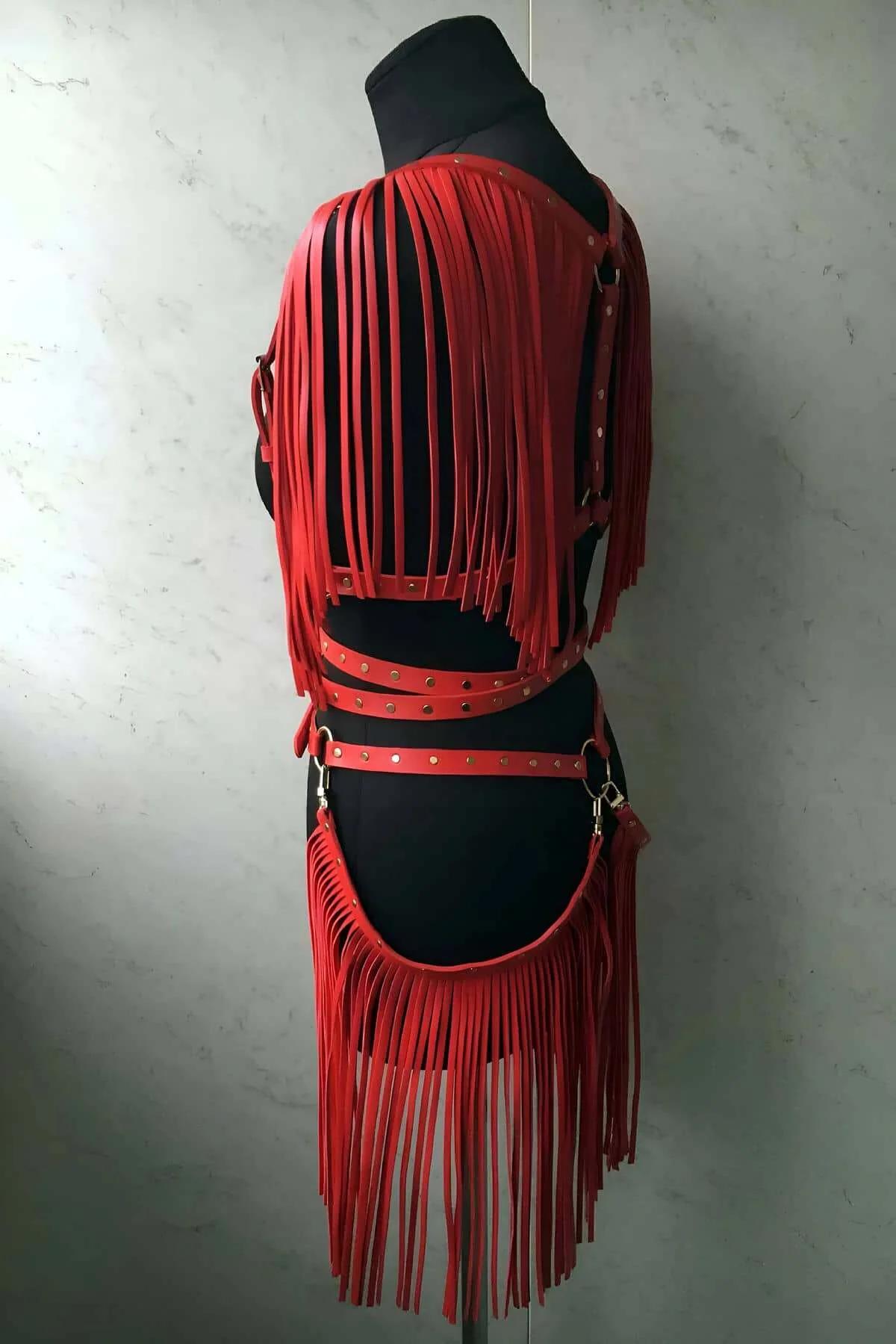Red Leather Body Harness Set with Fringe Detail
