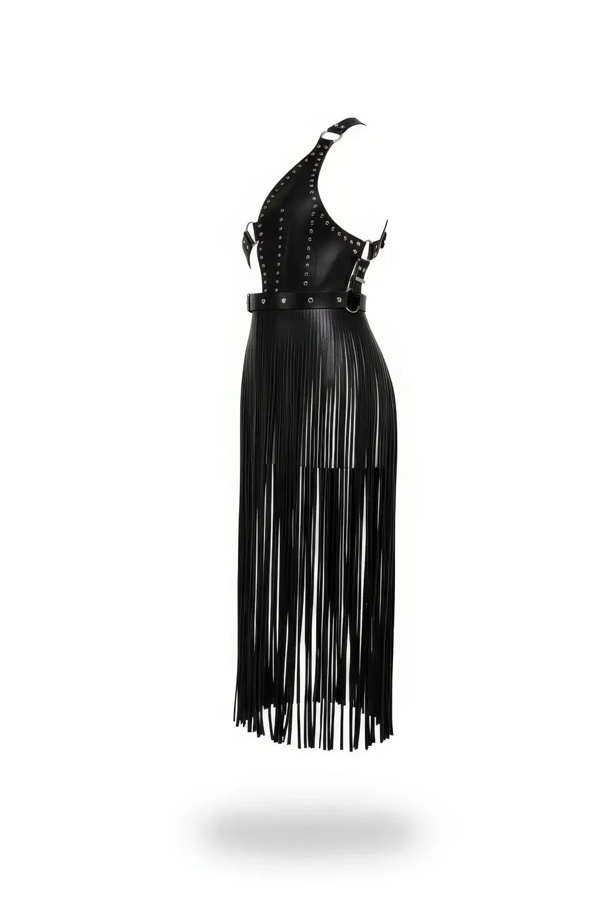 Studded Faux Leather Fringe Halter Dress Harness