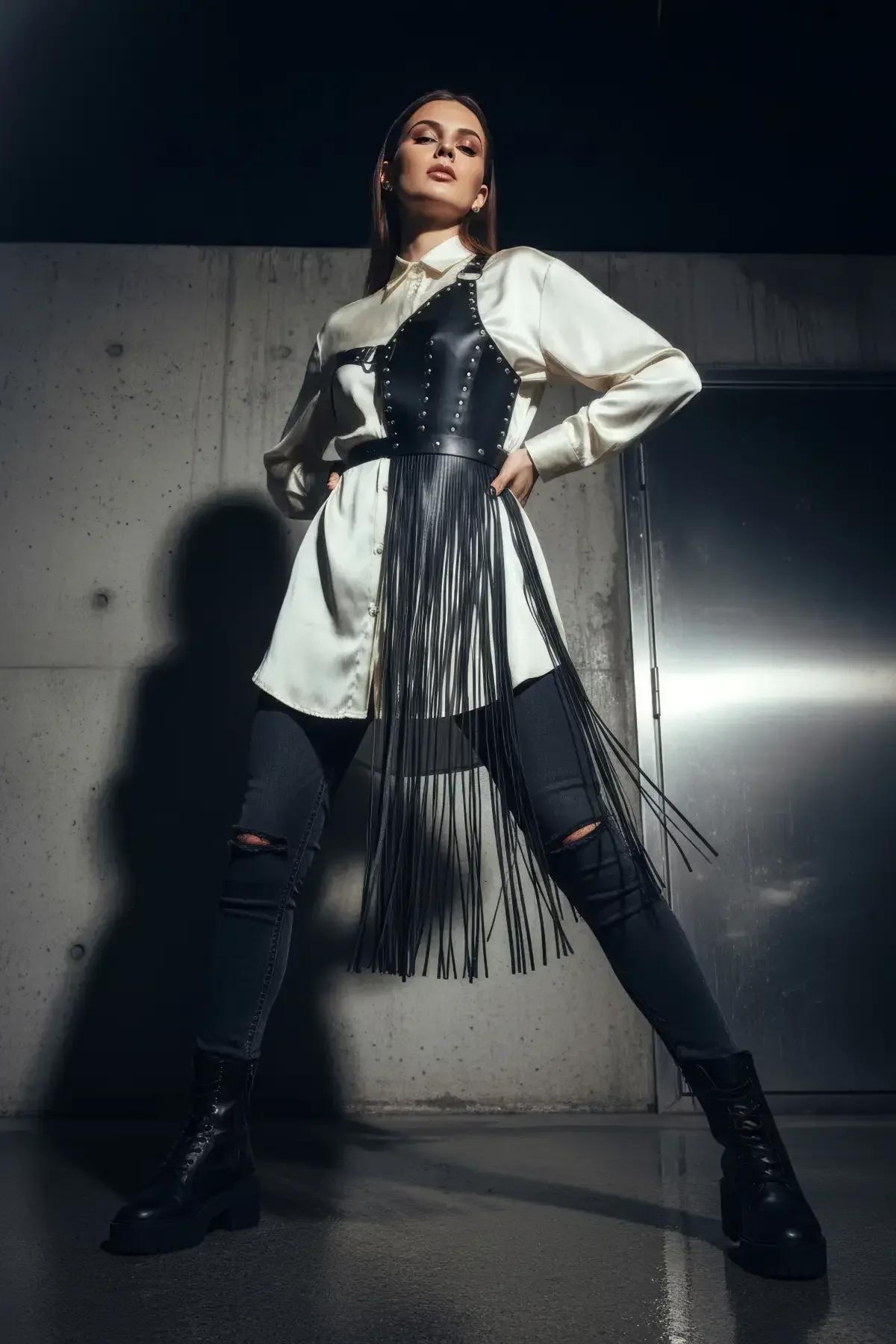 Asymmetrical Studded Harness Vest with Long Faux Leather Fringe