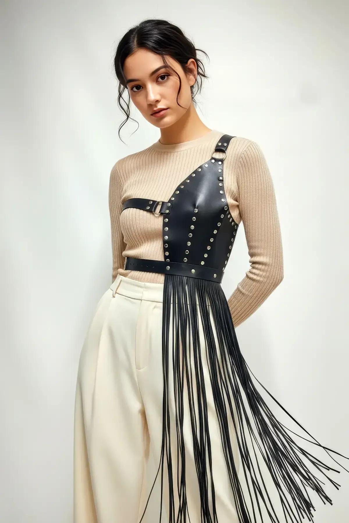 Asymmetrical Studded Harness Vest with Long Faux Leather Fringe