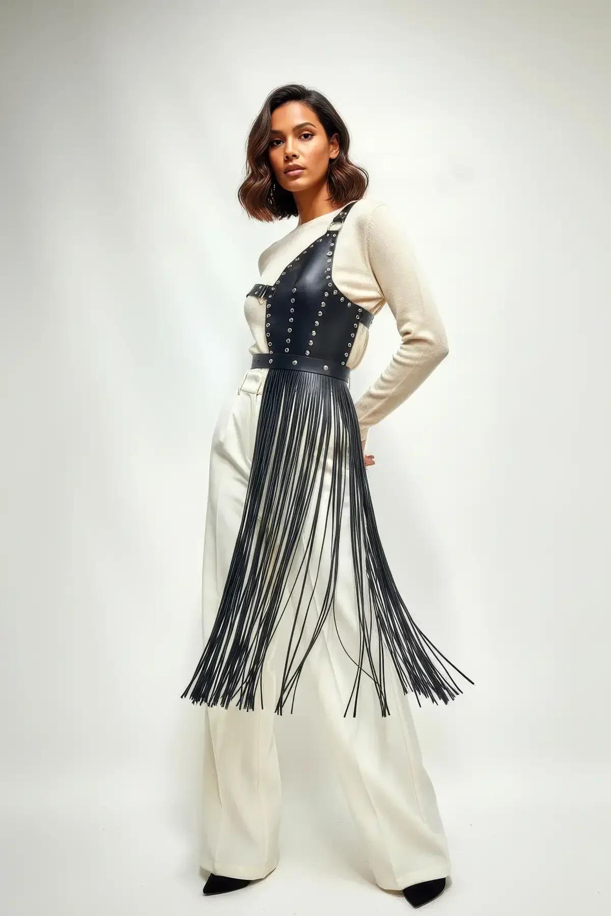 Asymmetrical Studded Harness Vest with Long Faux Leather Fringe