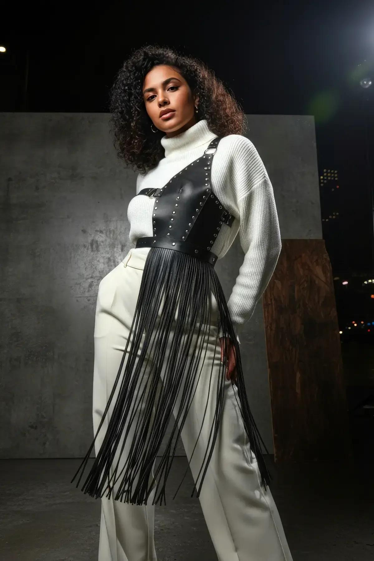 Asymmetrical Studded Harness Vest with Long Faux Leather Fringe