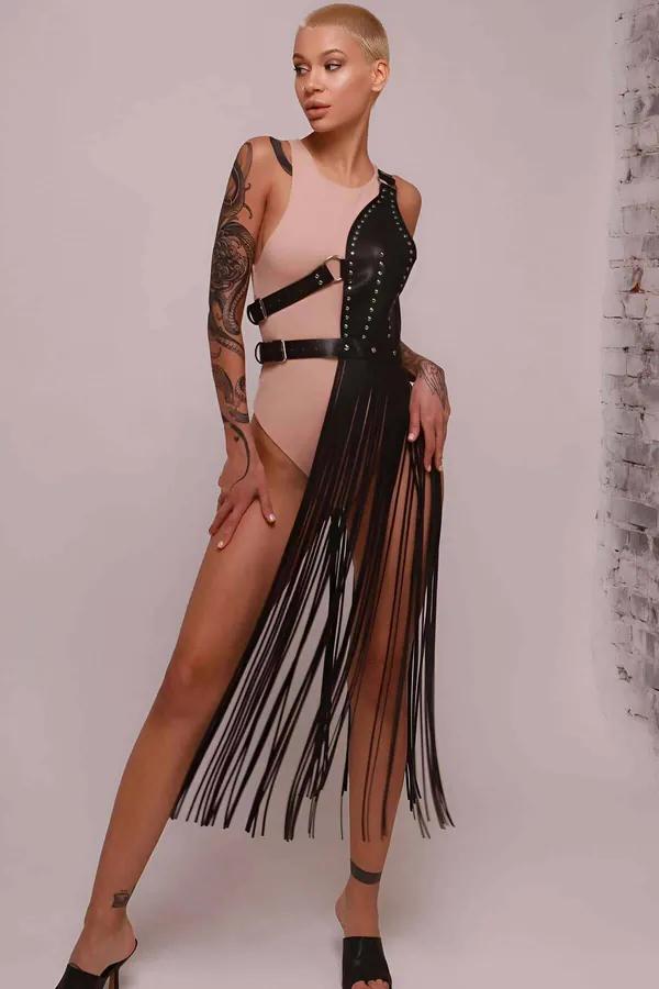 Tasseled Leather Harness Skirt – Adjustable Fringe Waist Wrap