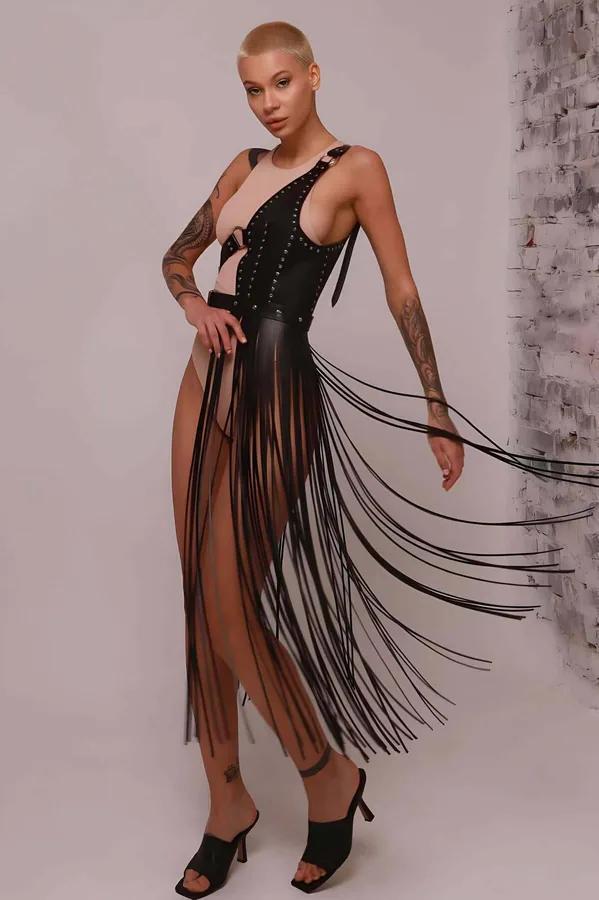 Tasseled Leather Harness Skirt – Adjustable Fringe Waist Wrap
