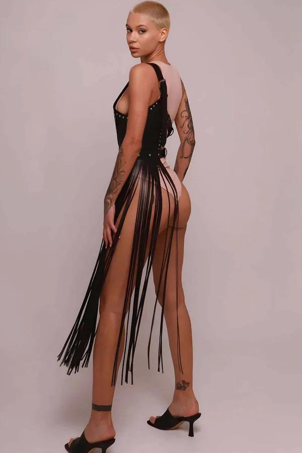 Tasseled Leather Harness Skirt – Adjustable Fringe Waist Wrap