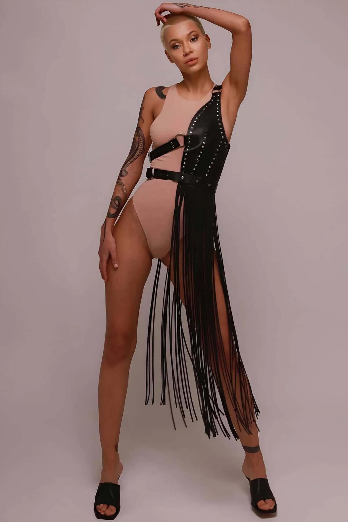 Tasseled Leather Harness Skirt – Adjustable Fringe Waist Wrap