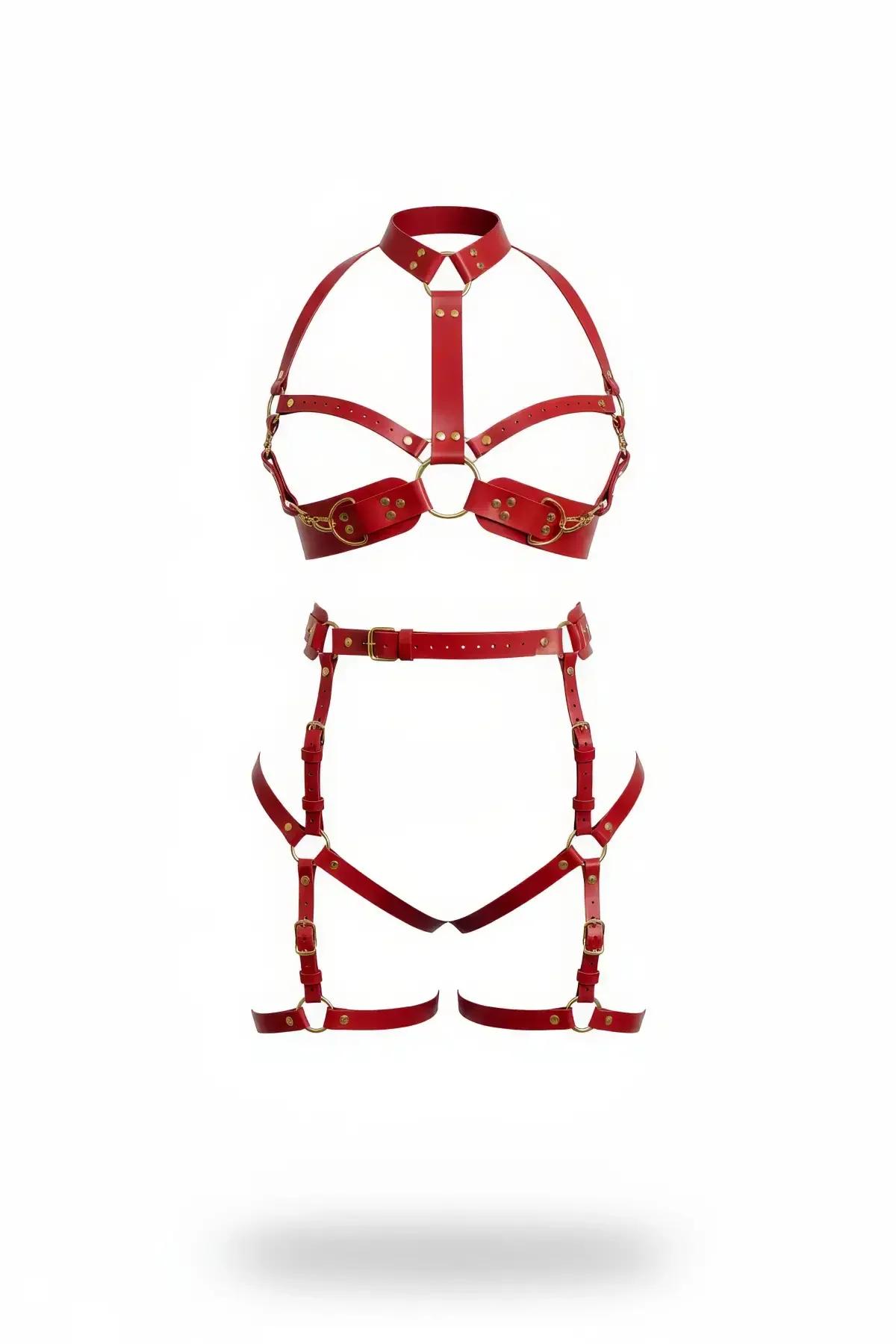 Red Faux Leather Body Harness Set with Gold Hardware