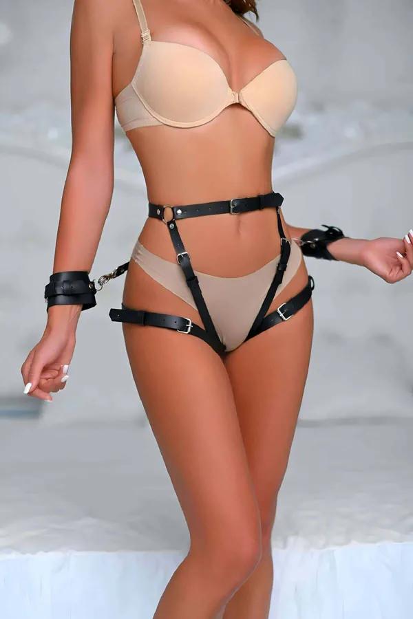 Adjustable Leather Body Harness Set with Cuffs for Women