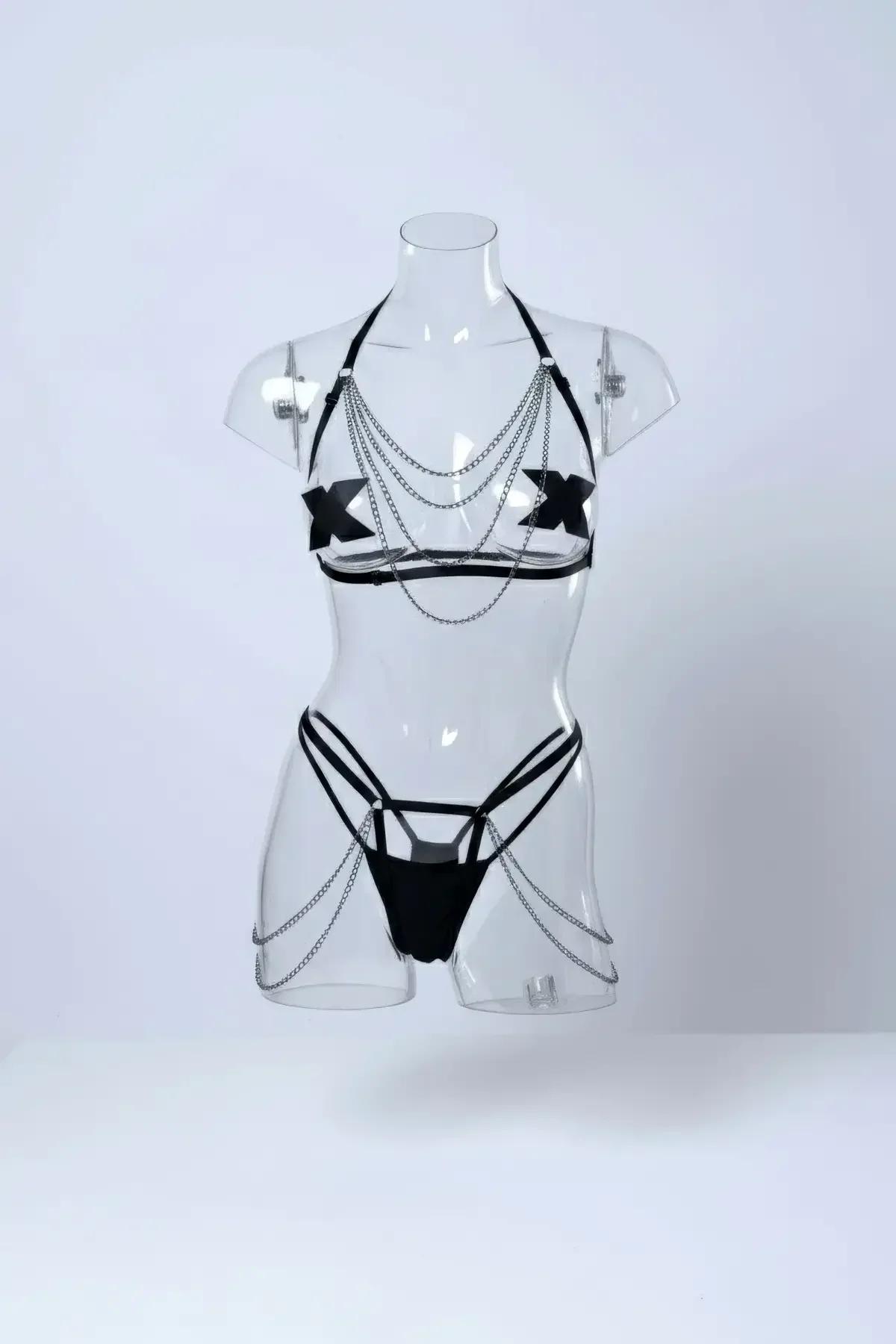 Faux Leather Harness Set with Chain Draping