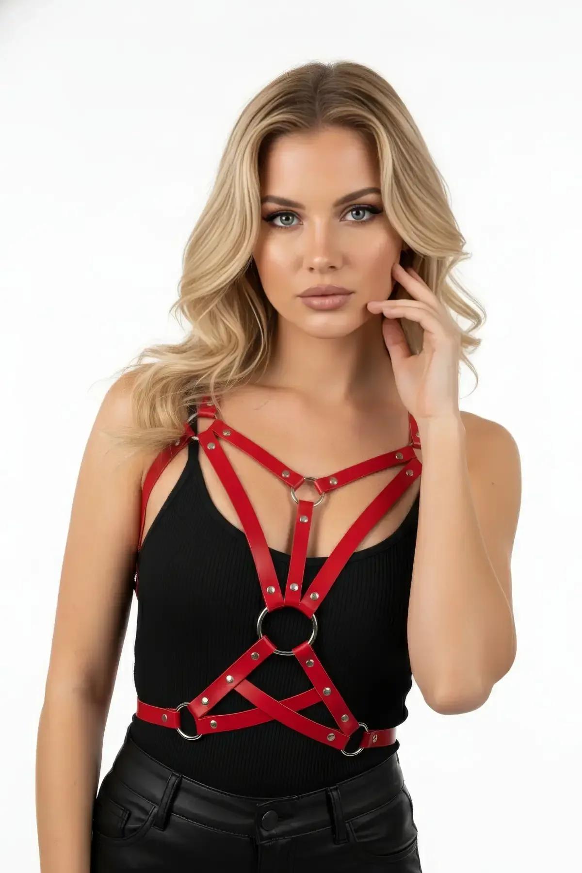 O-Ring Faux Leather Chest Harness with Studded Straps