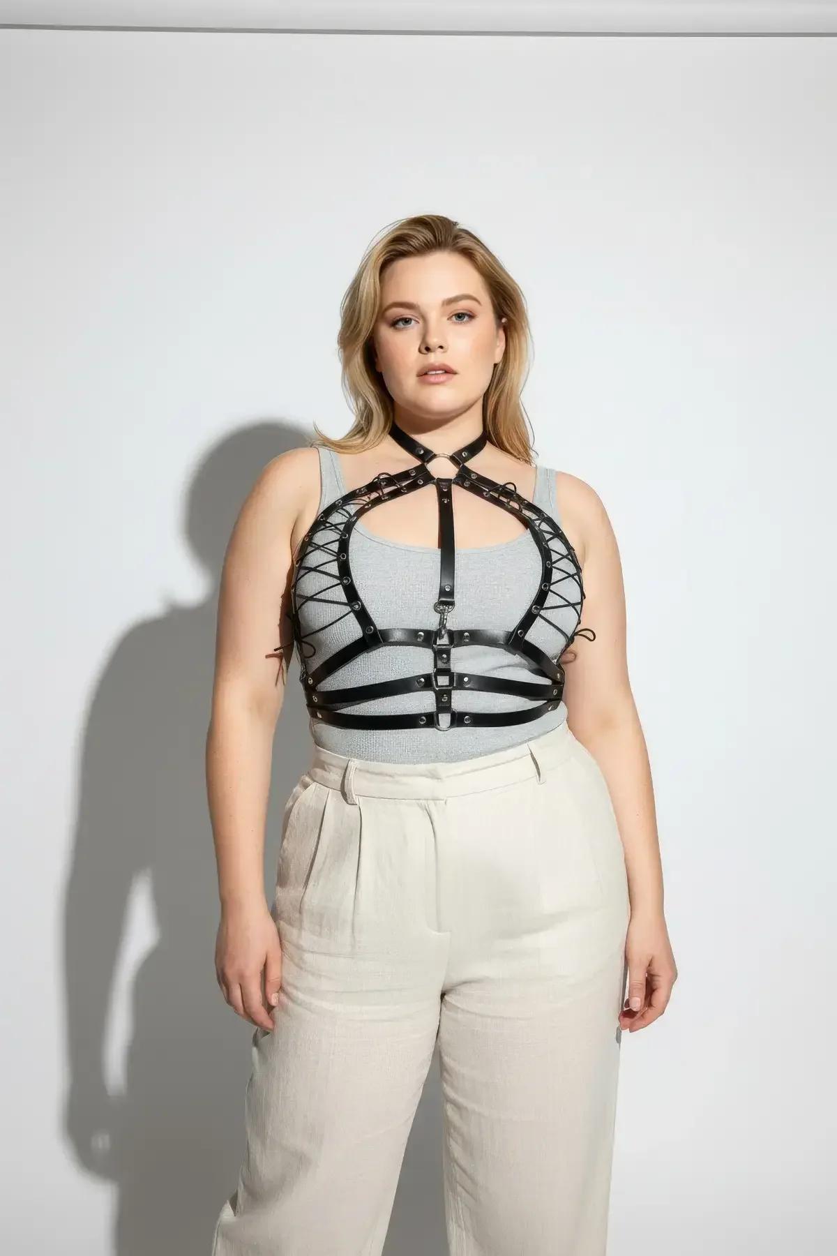 Black Faux Leather Halter Harness with Corset Lacing