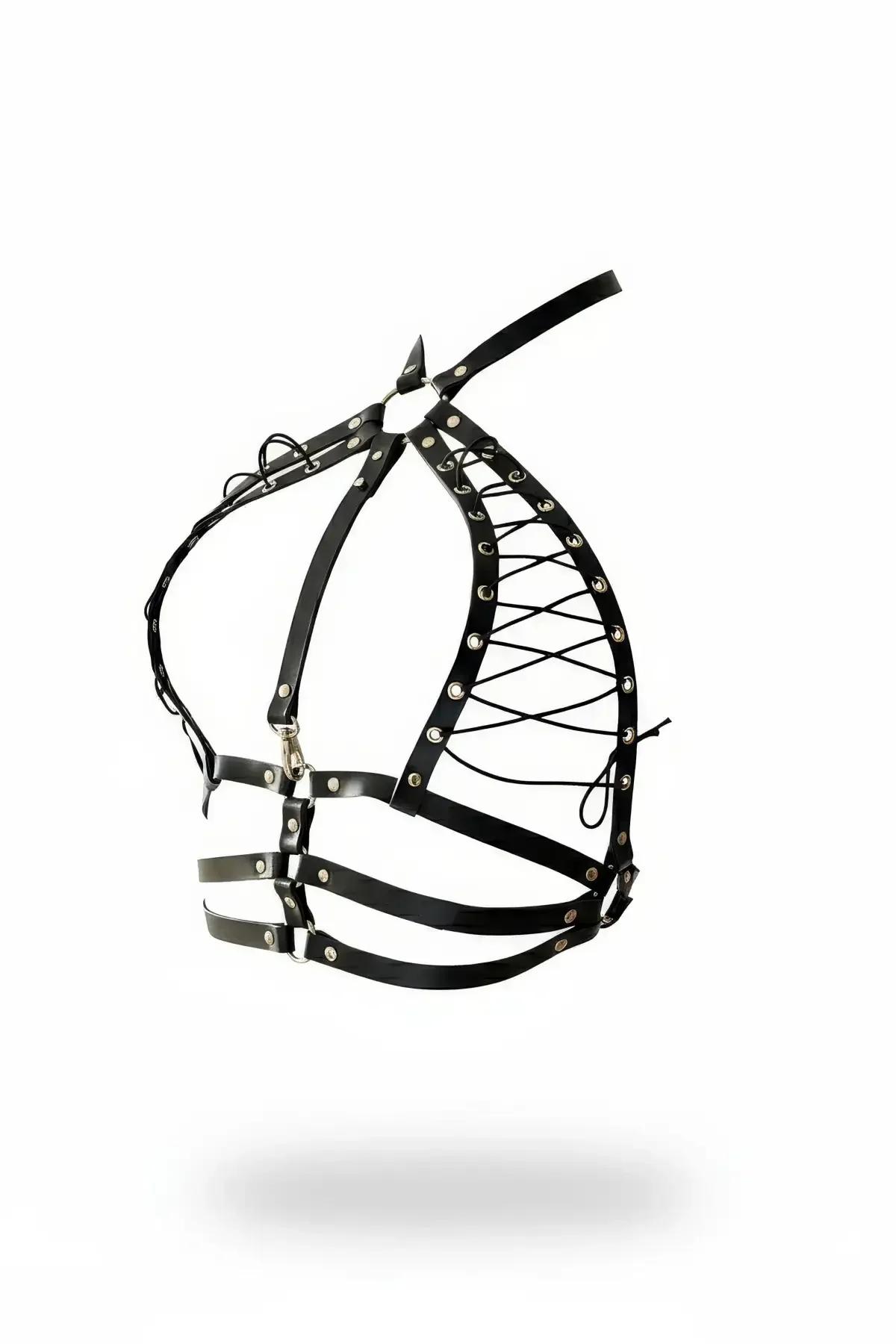 Lace-Up Faux Leather Chest Harness with Adjustable Straps