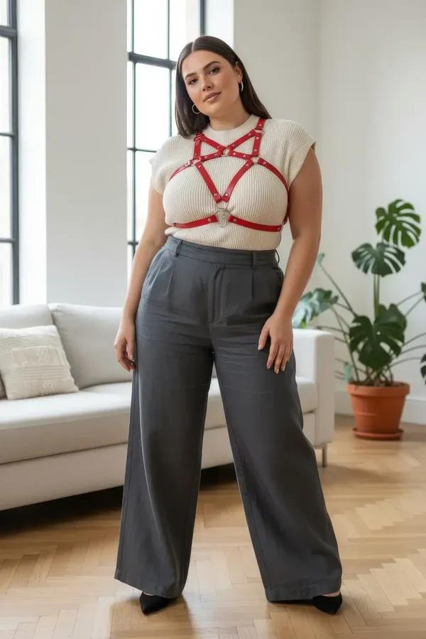 Red Faux Leather Chest Harness with O-Ring Detail