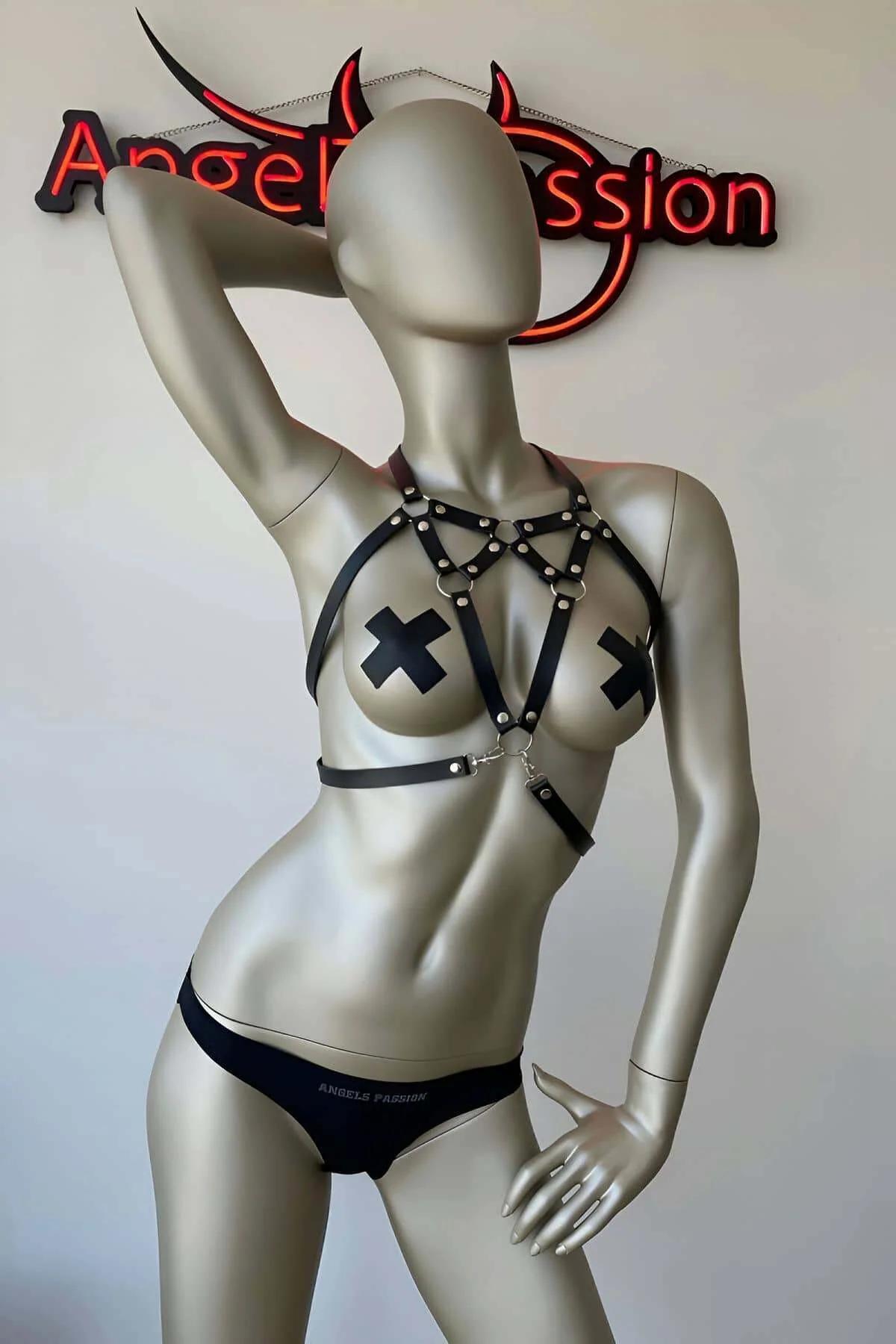 Alluring Black Faux Leather Adjustable Chest Harness