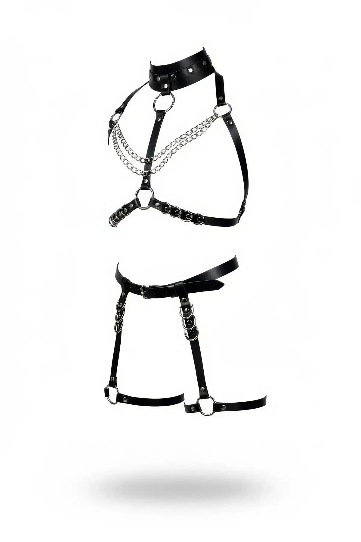 Black Vegan Leather Body Harness Set with Chains & Garters