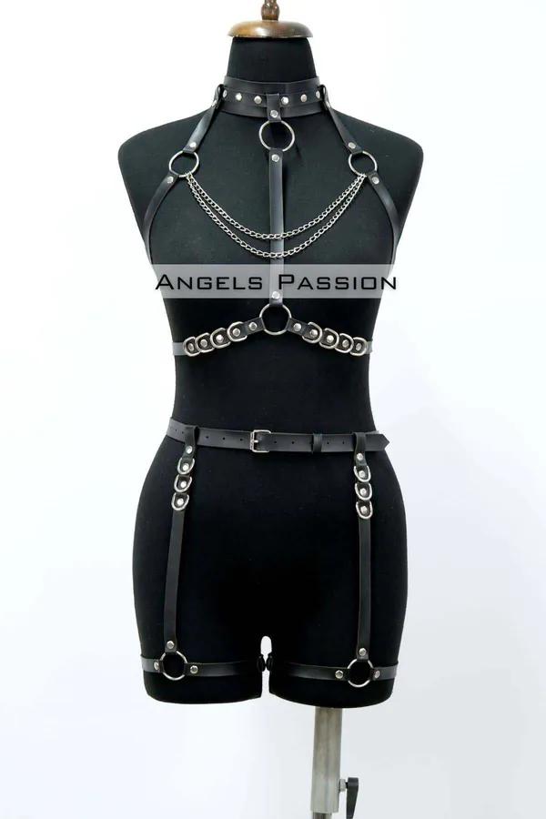Body Harness Lingerie Set with Choker & Garter Leg Straps