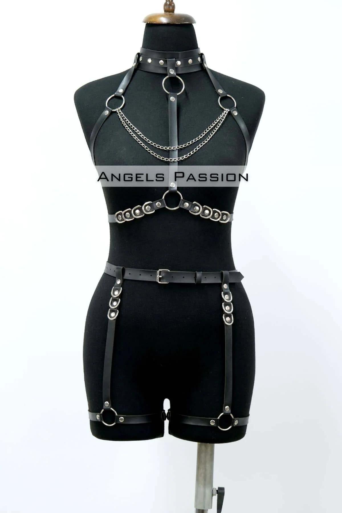 Body Harness Lingerie Set with Choker & Garter Leg Straps