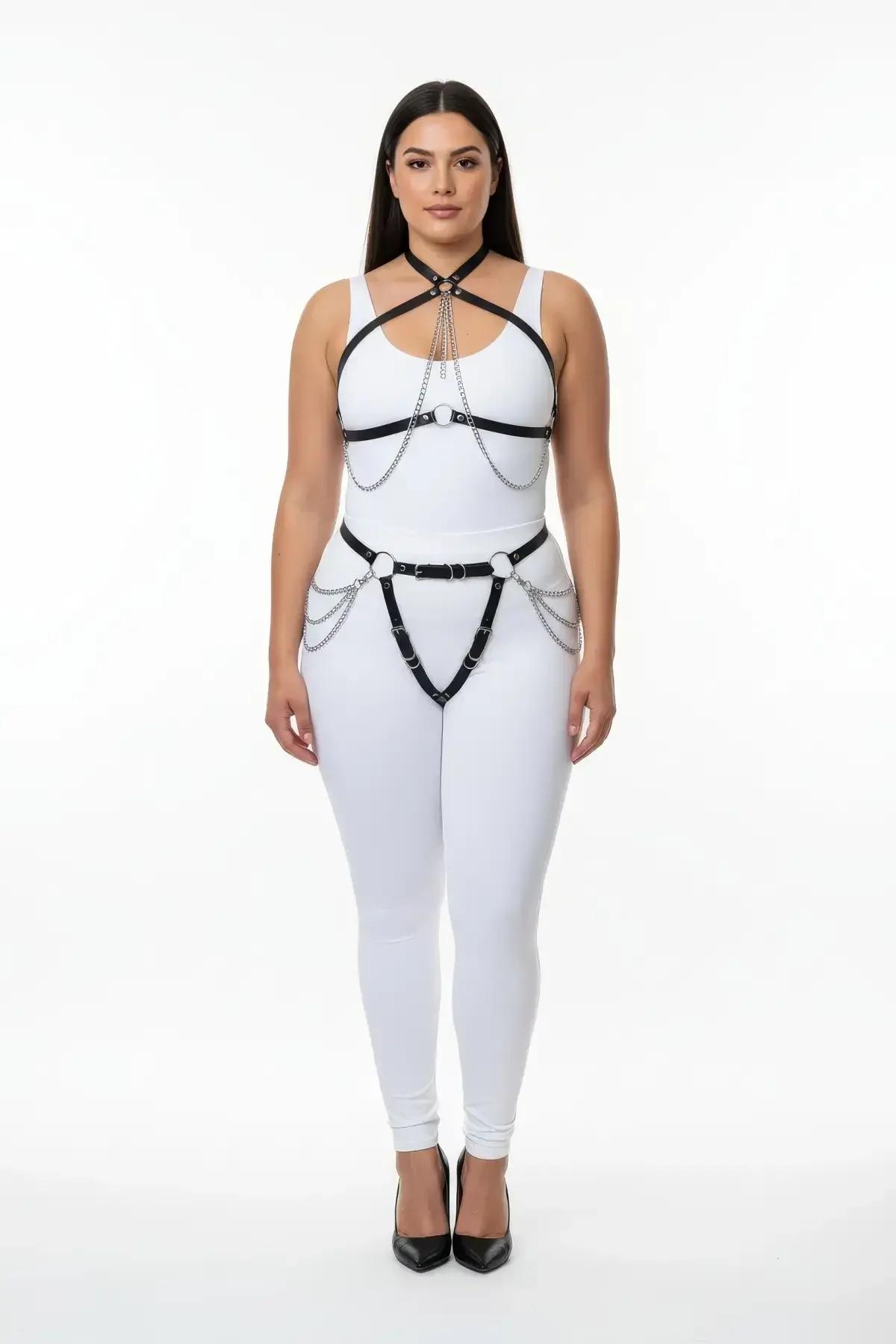 Full Body Faux Leather Harness with Chain Accents