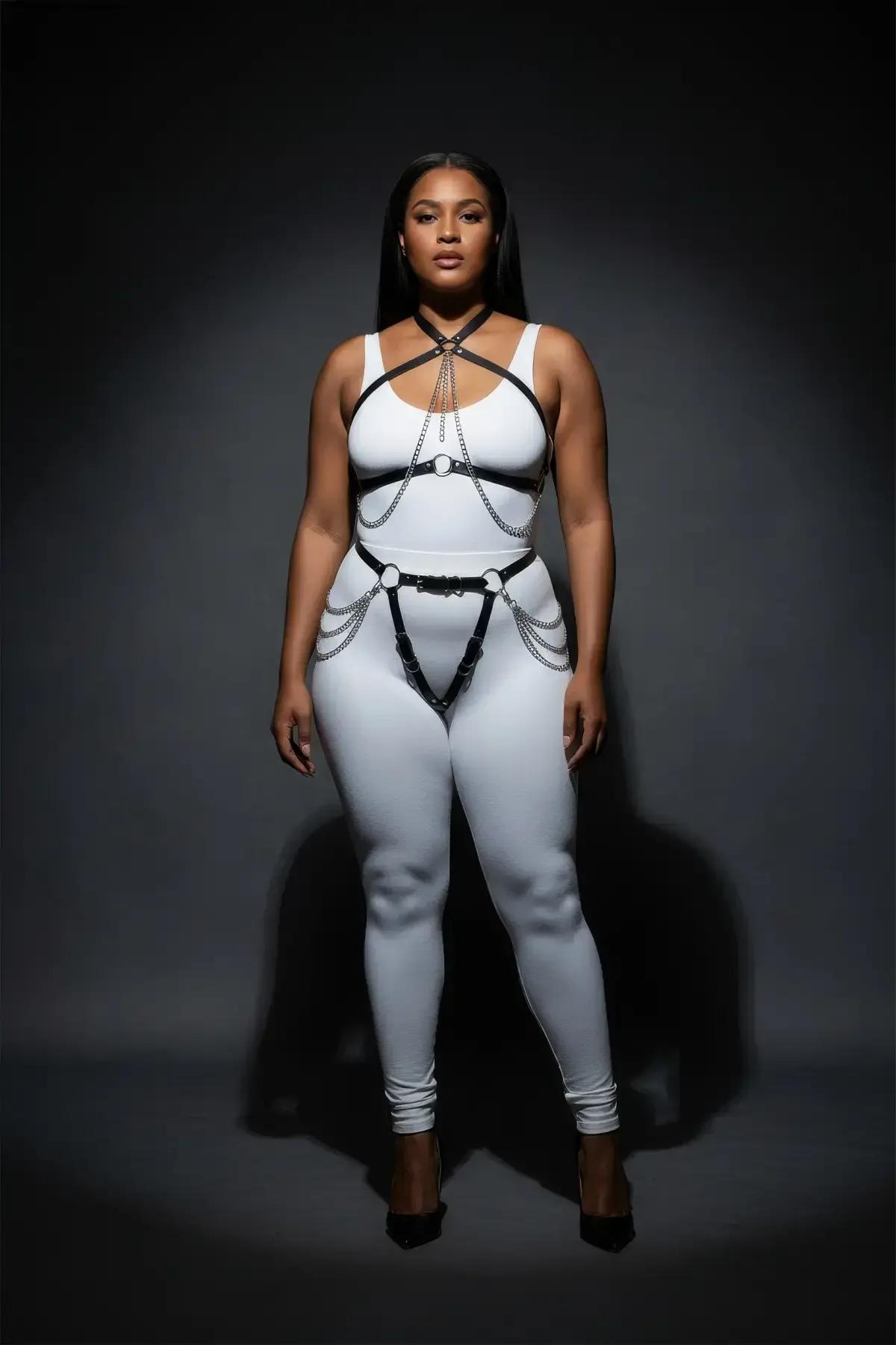 Full Body Faux Leather Harness with Chain Accents