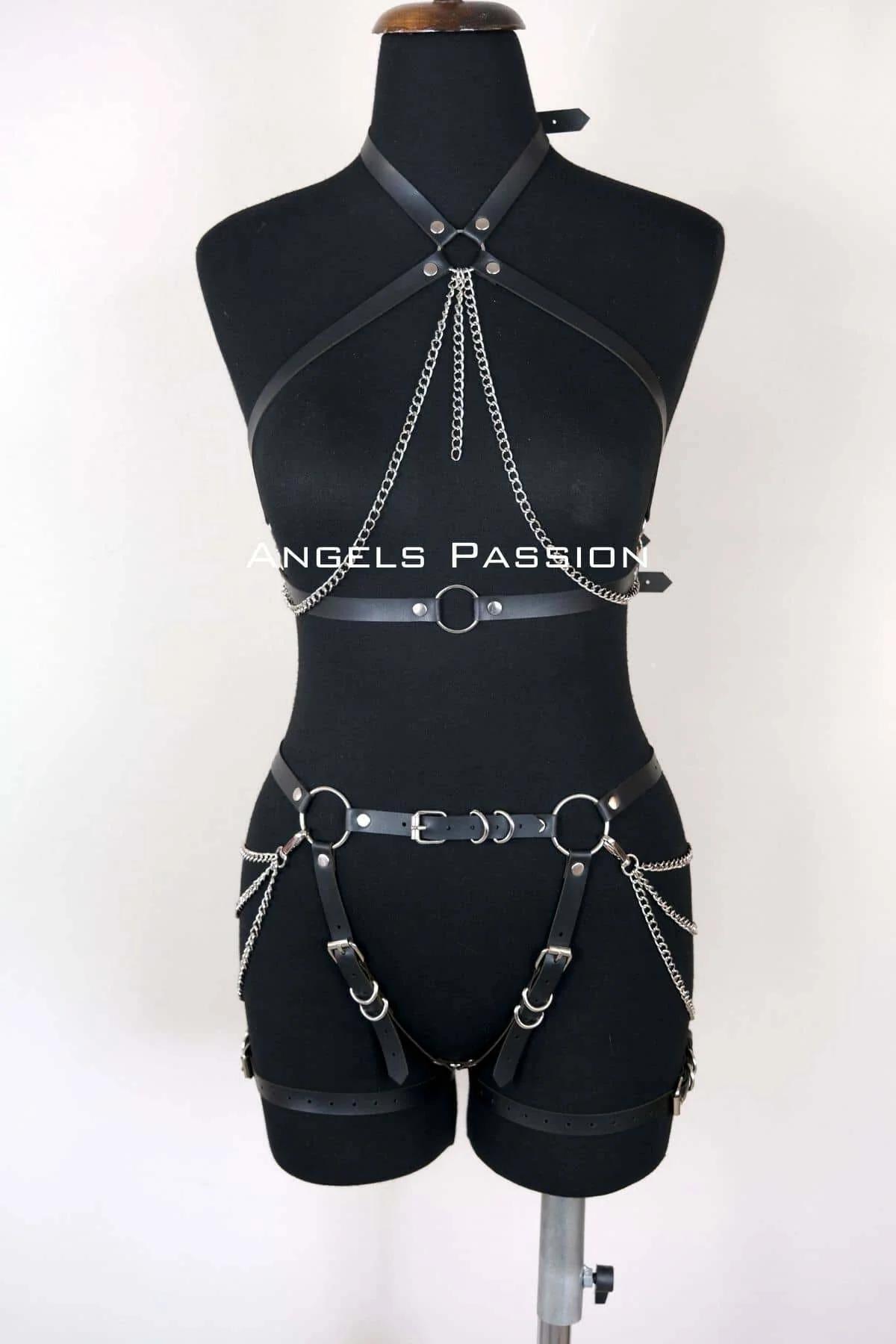 Leather Body Harness with Chains - Adjustable Fashion Statement