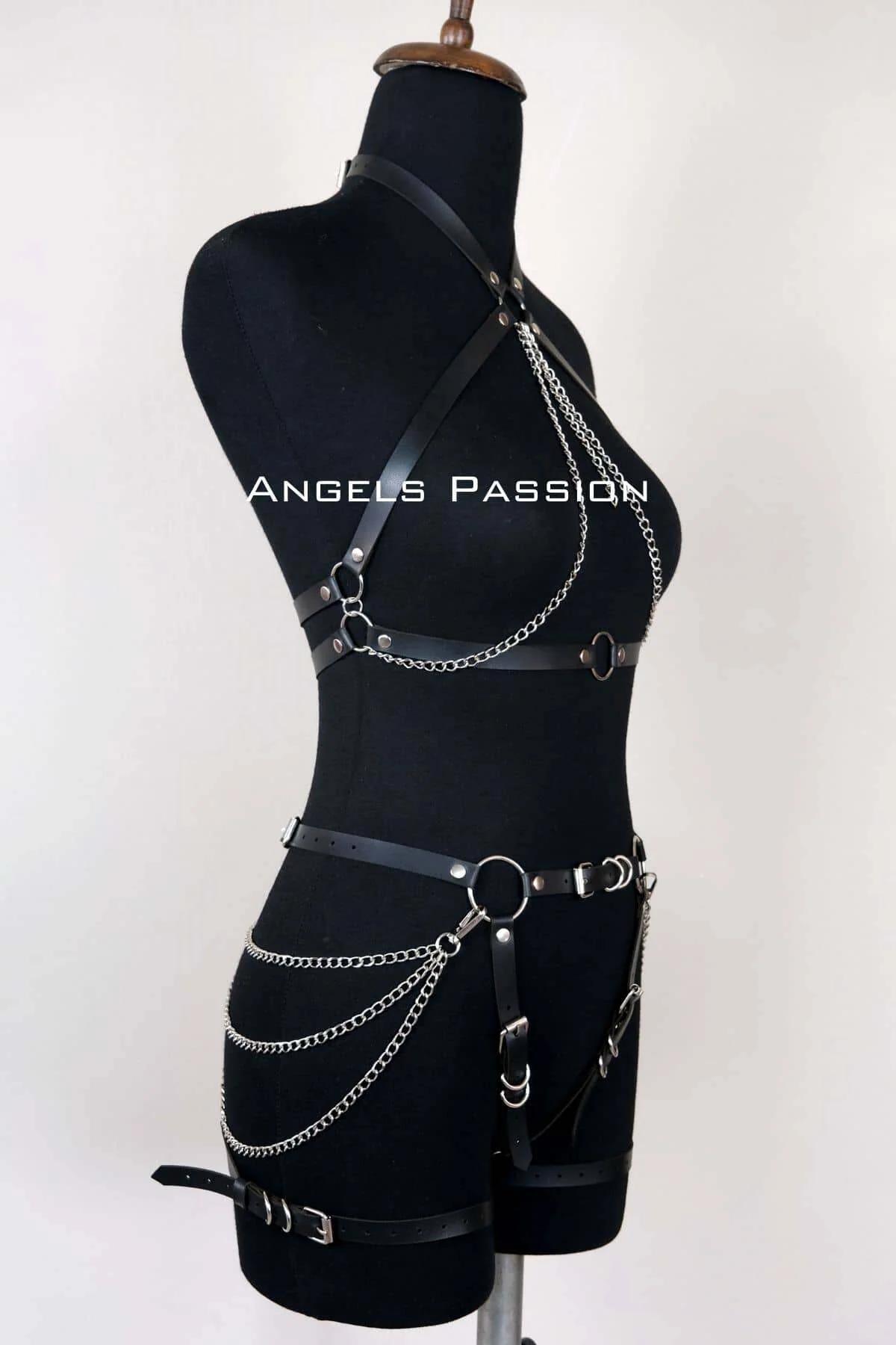 Leather Body Harness with Chains - Adjustable Fashion Statement
