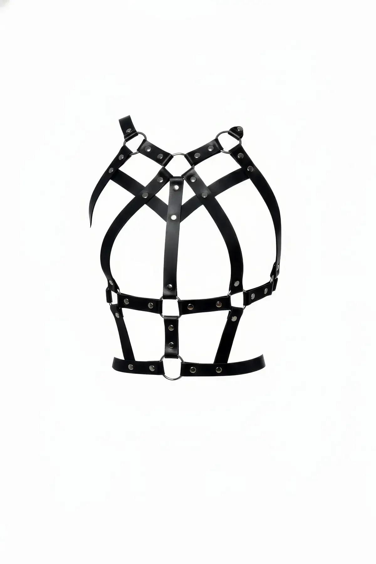 Caged Faux Leather Body Harness with O-Ring & Rivet Accents