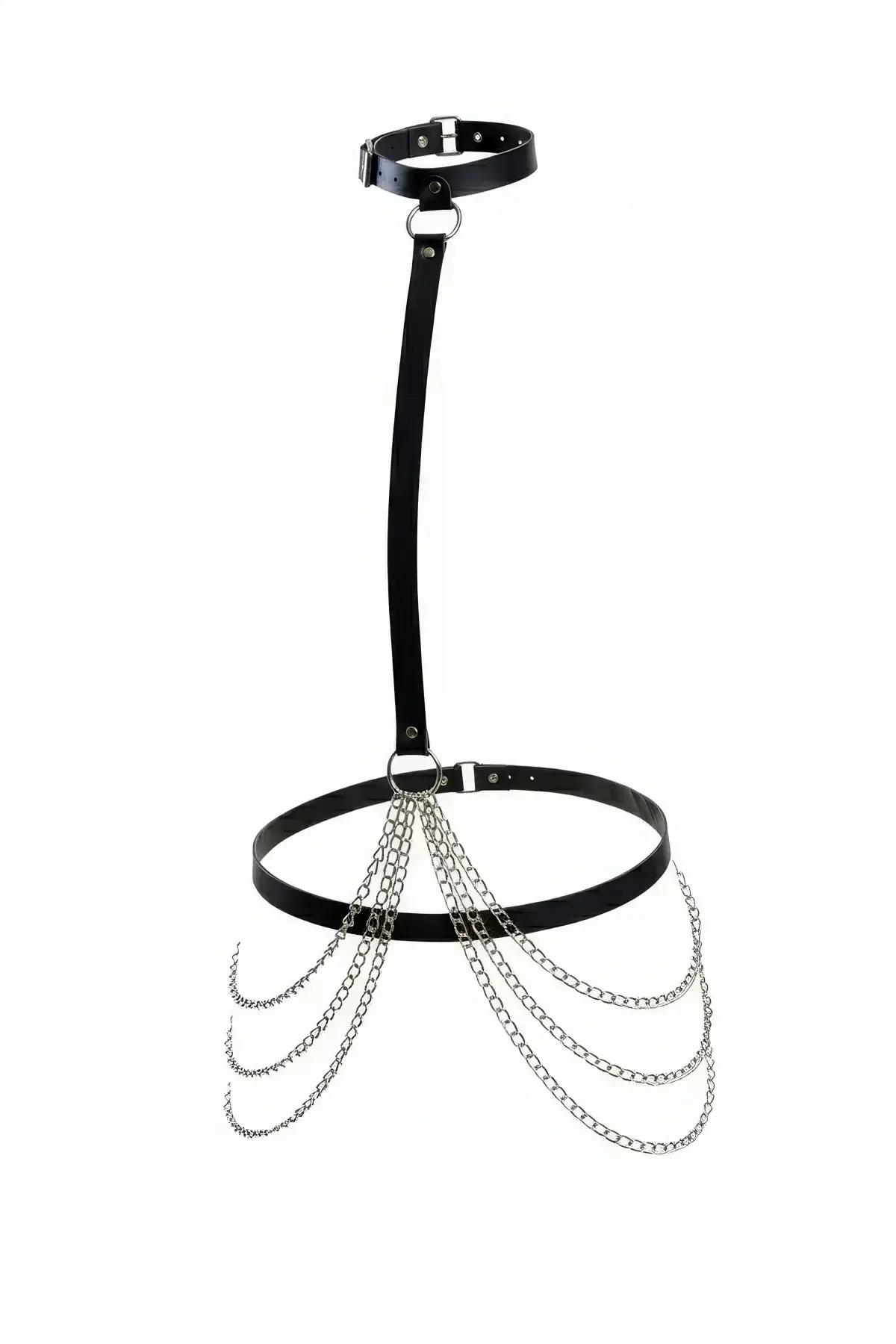 Choker-Style Faux Leather Body Harness with Draped Hip Chains