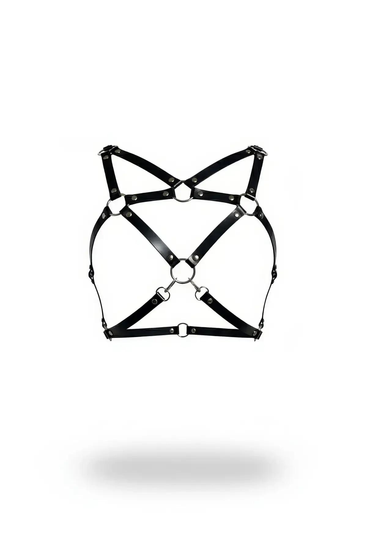 Adjustable Faux Leather Cage Harness with Central O-Ring
