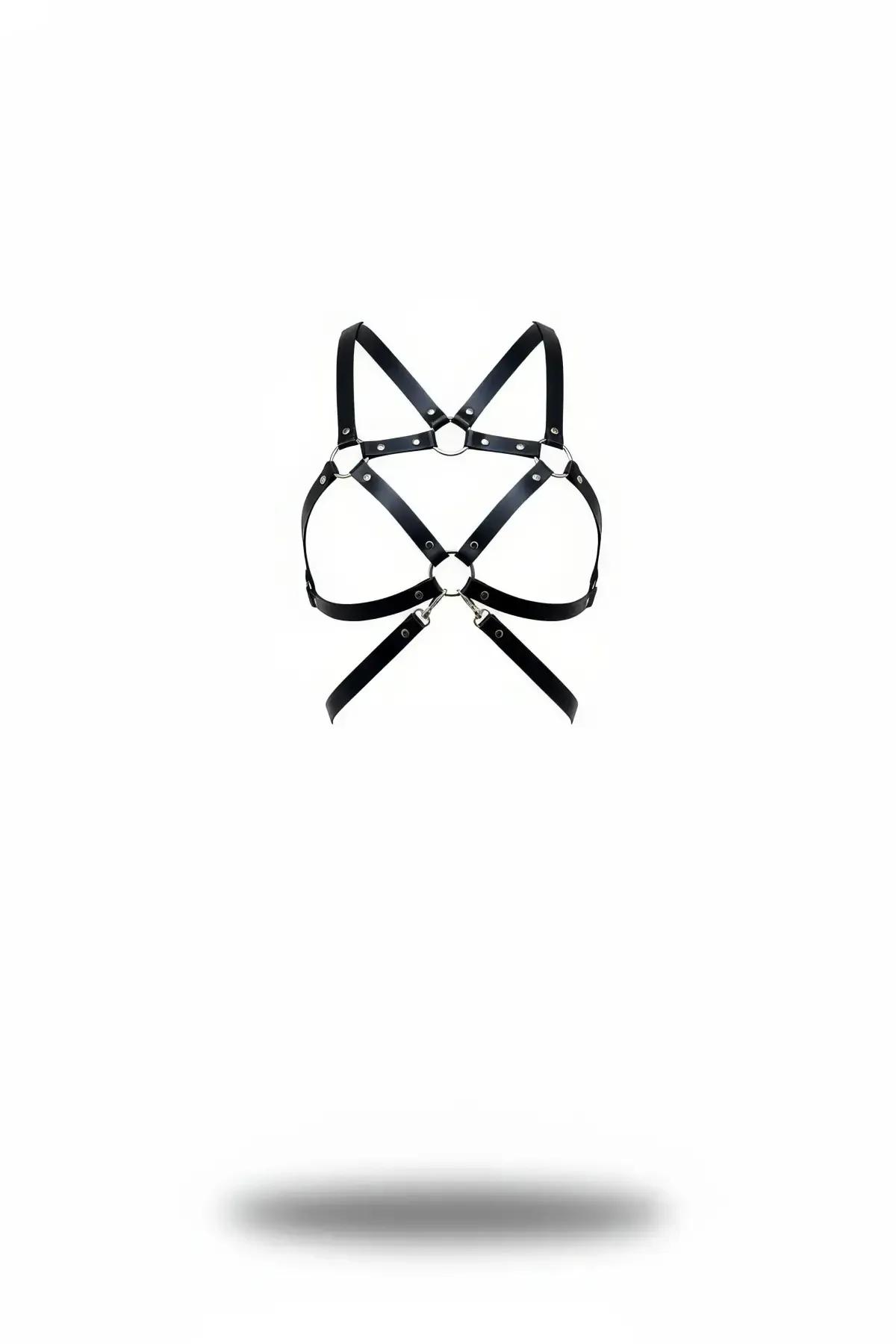Adjustable Faux Leather Harness Bra with Silver O-Rings