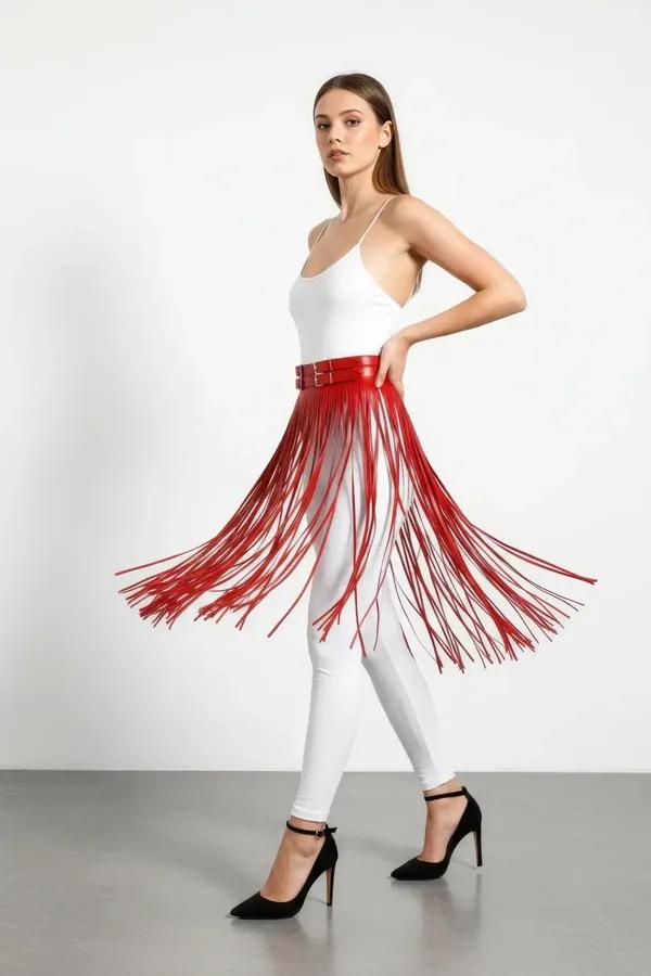 Red Faux Leather Fringe Waist Harness Skirt