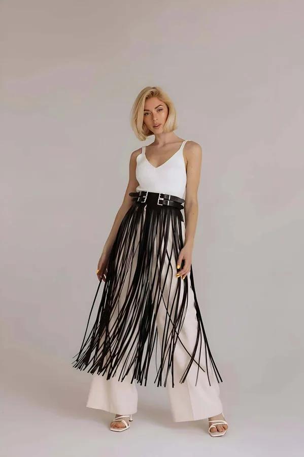 Faux Leather Fringe Belt Skirt Overlay