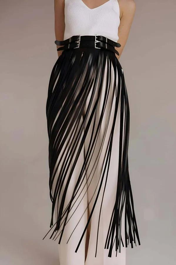 Faux Leather Fringe Belt Skirt Overlay