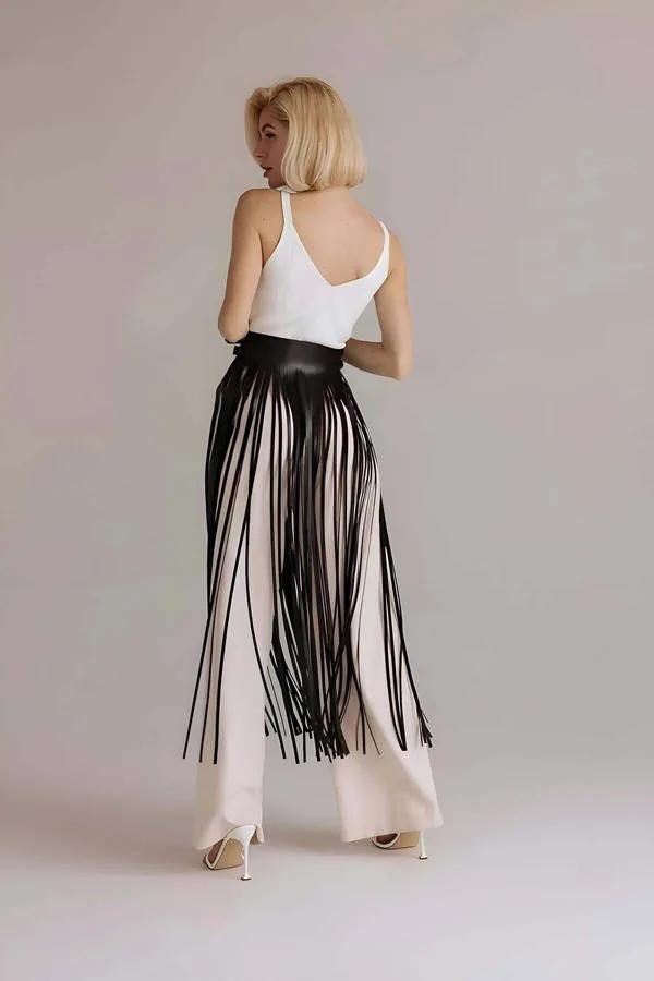 Faux Leather Fringe Belt Skirt Overlay