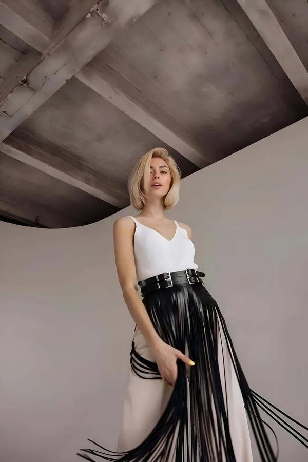 Faux Leather Fringe Belt Skirt Overlay