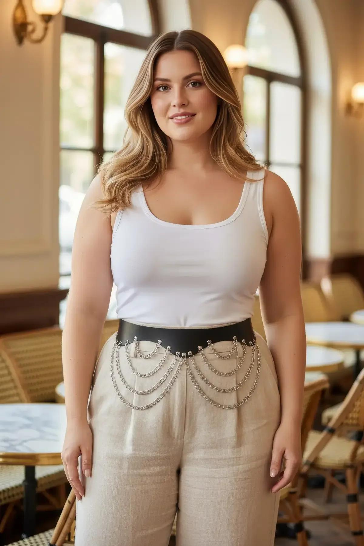 Wide Faux Leather Waist Belt with Draped Silver Chains
