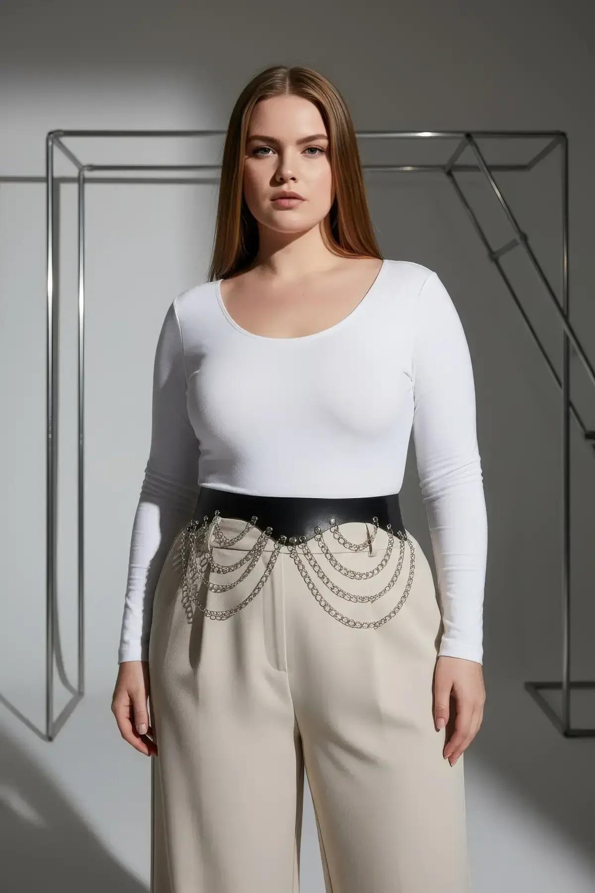 Wide Faux Leather Waist Belt with Draped Silver Chains