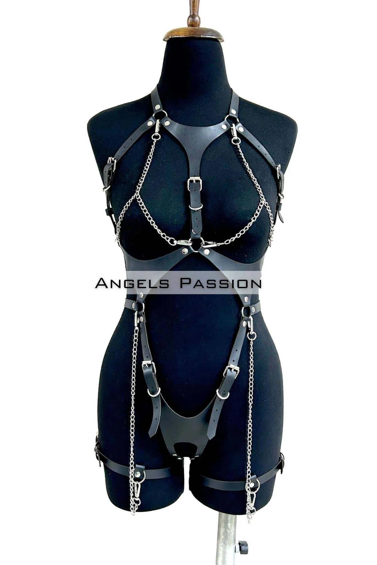 Adjustable Leather Body Harness with Chains & Garters