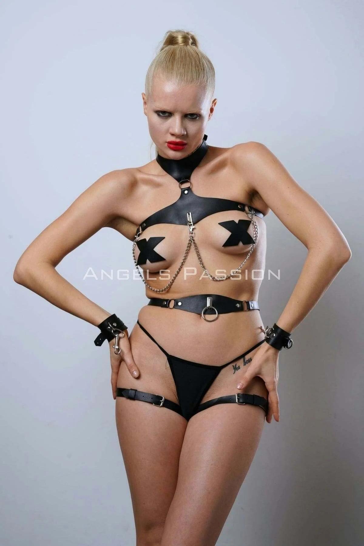 Leather Harness Lingerie Set - Adjustable Strappy Bodywear