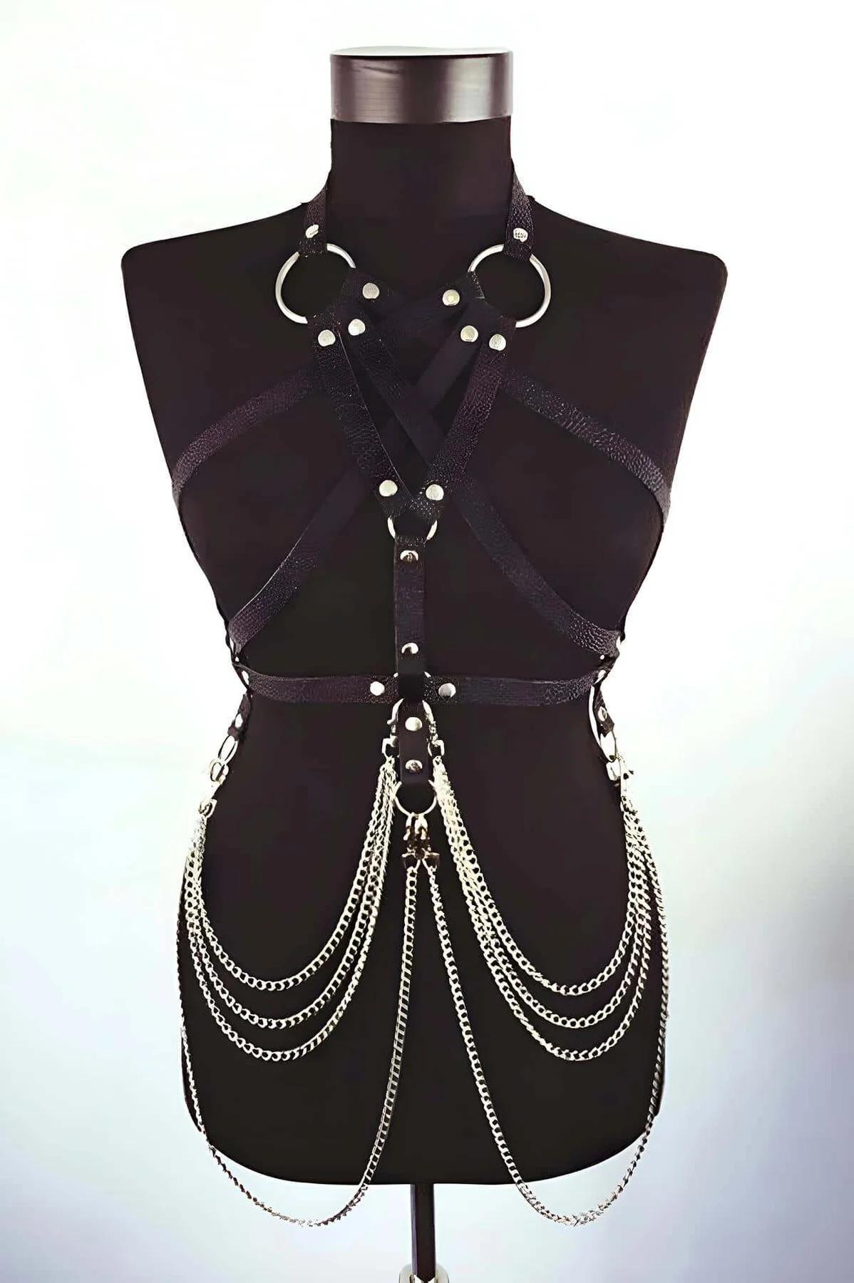 Body Harness with Chains - Adjustable Faux Leather Statement Accessory