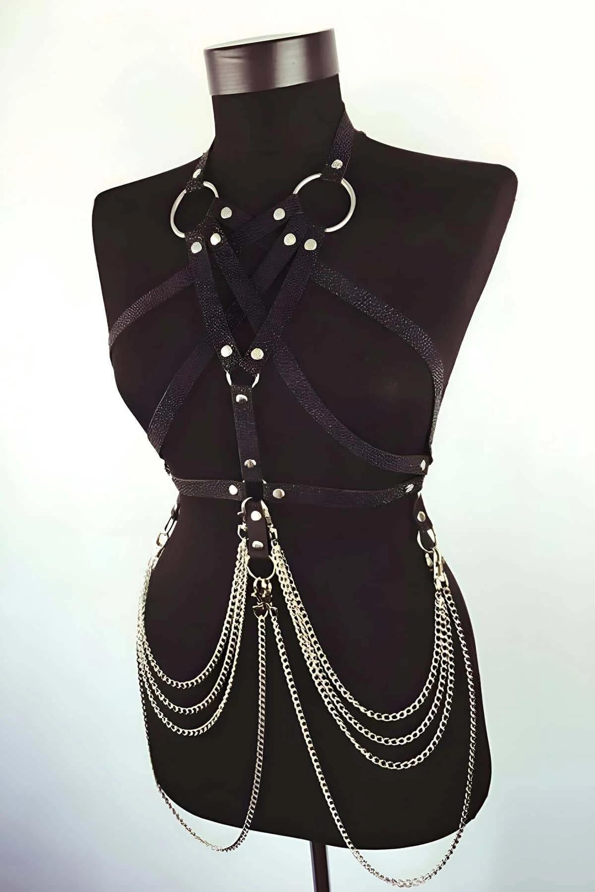 Body Harness with Chains - Adjustable Faux Leather Statement Accessory
