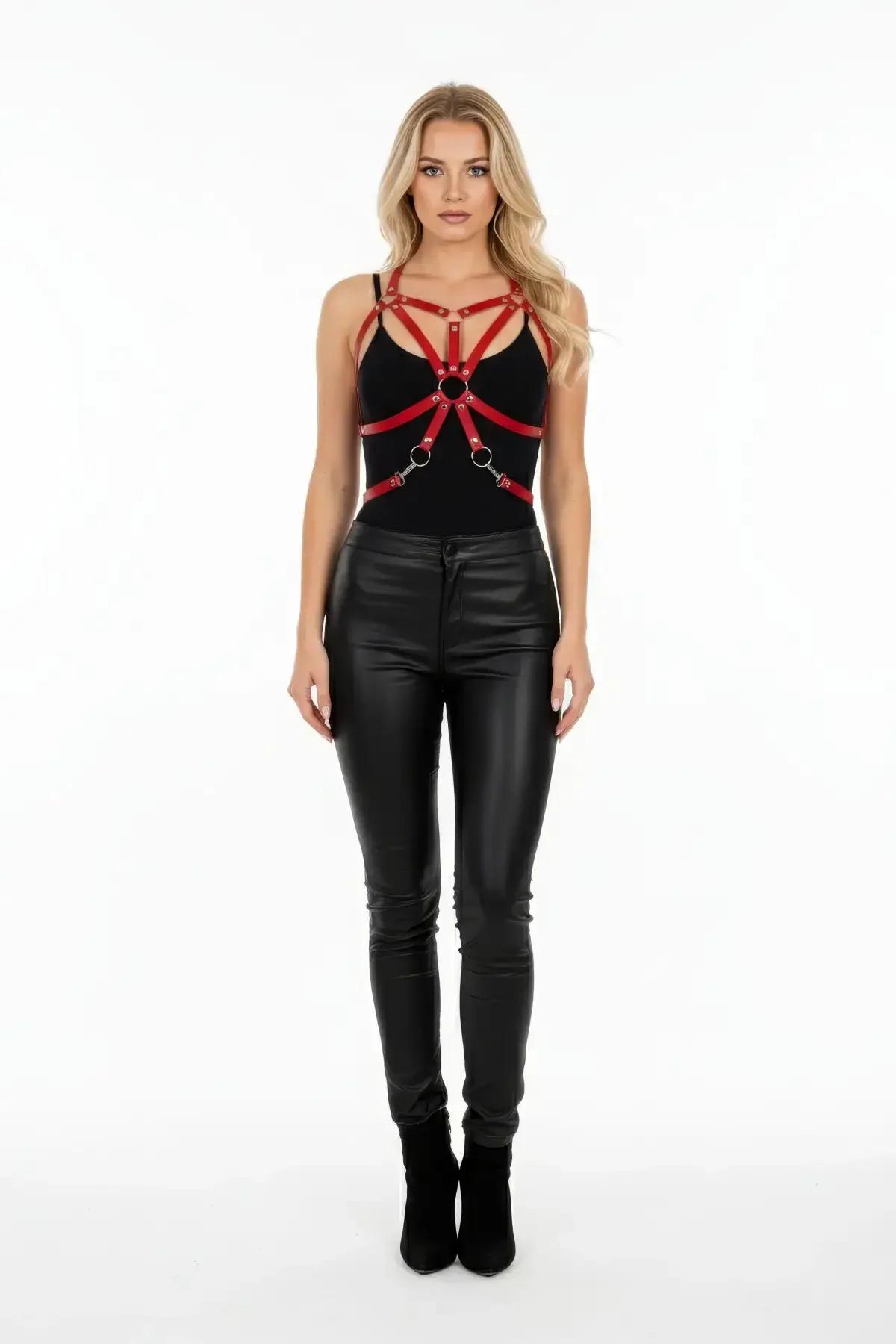 Red Faux Leather Chest Harness with Central O-Ring