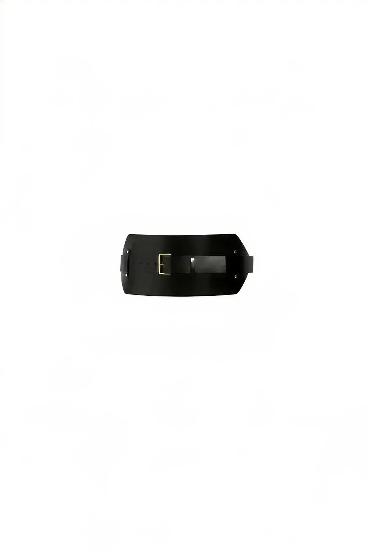 Wide Structured Faux Leather Waist Belt with Gold Buckle
