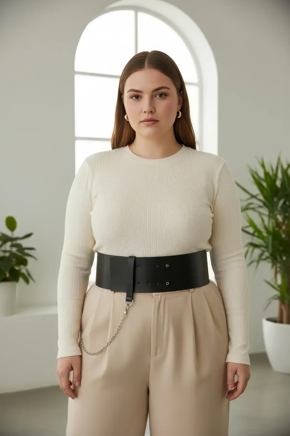 Wide Faux Leather Waist Belt with Chain Accent