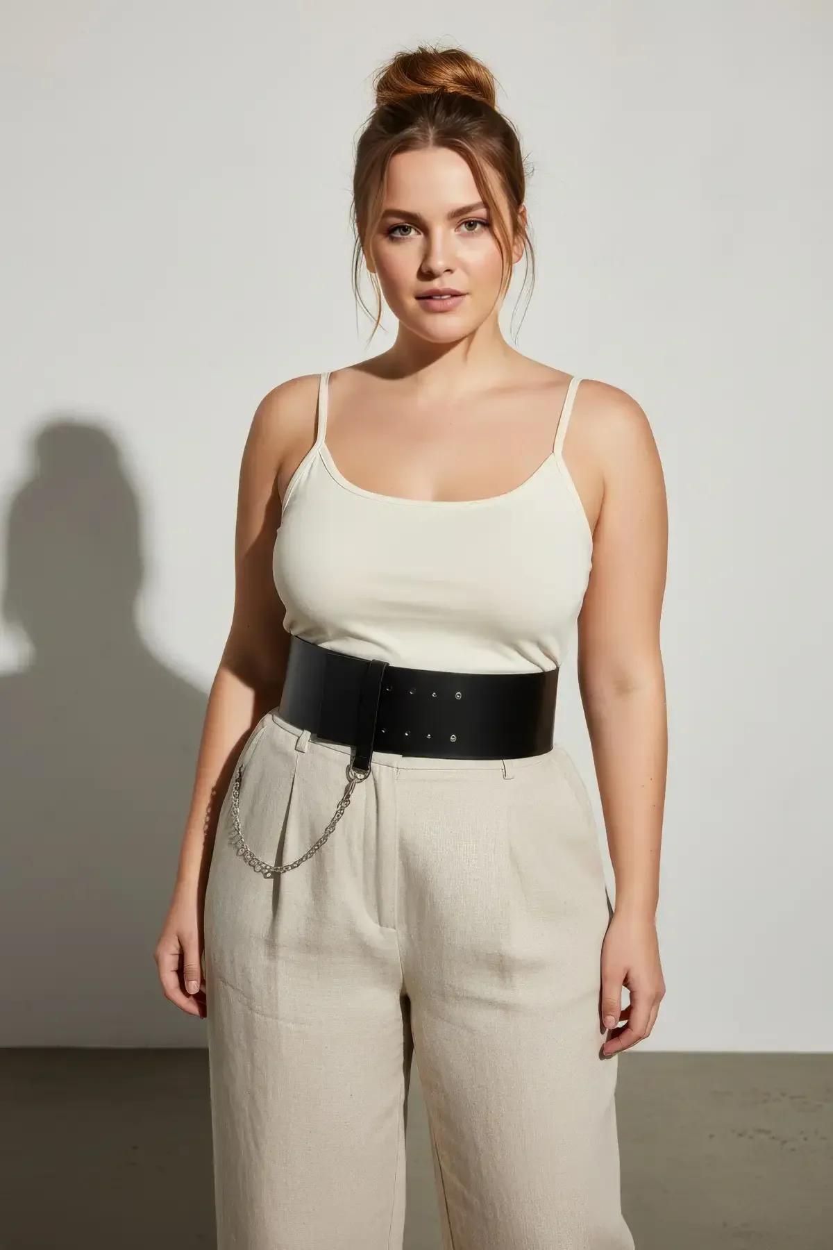 Wide Faux Leather Waist Belt with Chain Accent