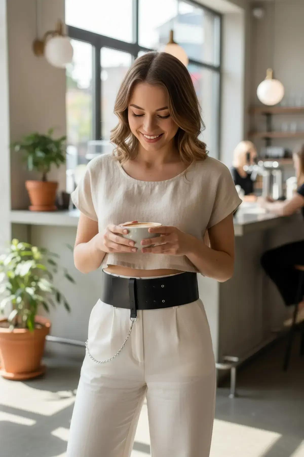 Wide Faux Leather Waist Belt with Chain Accent