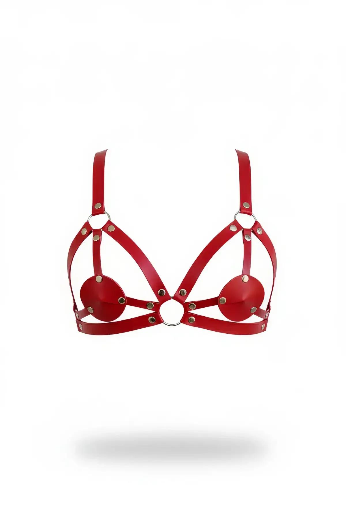 Red Cage Bra Harness with Circular Pastie Detail