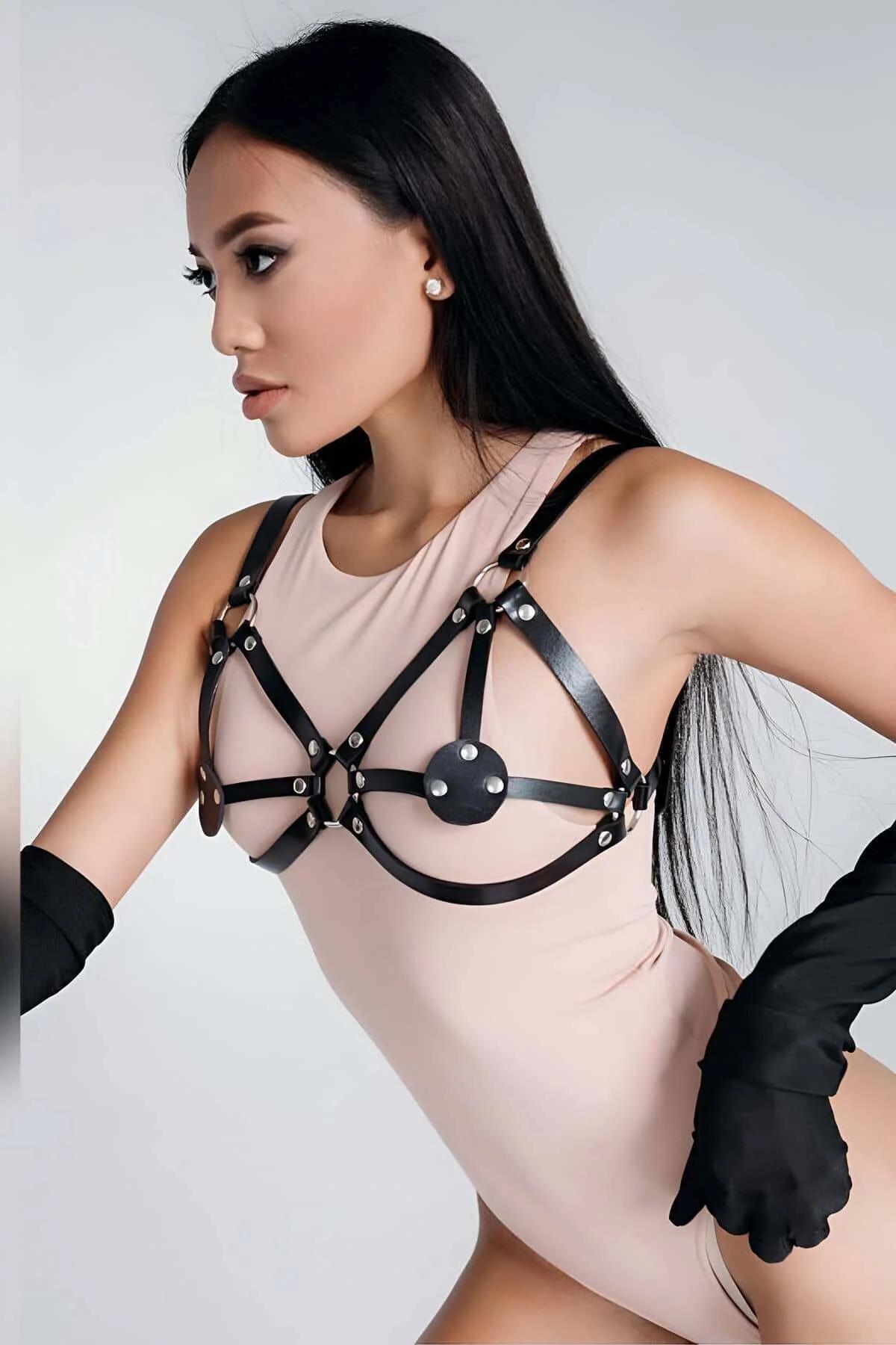 Leather Harness Bra - Adjustable Black Chest Strap for Women