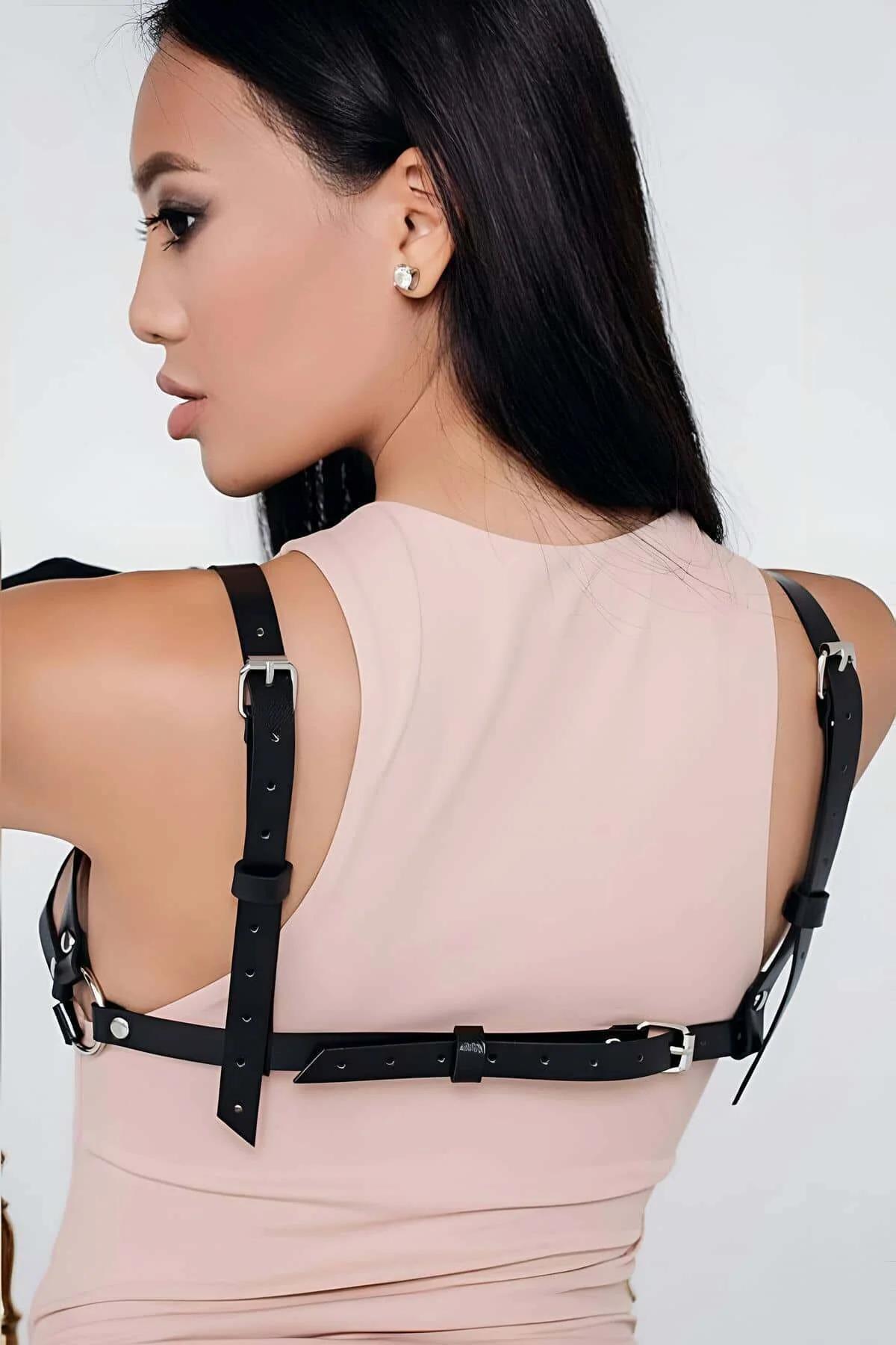 Leather Harness Bra - Adjustable Black Chest Strap for Women