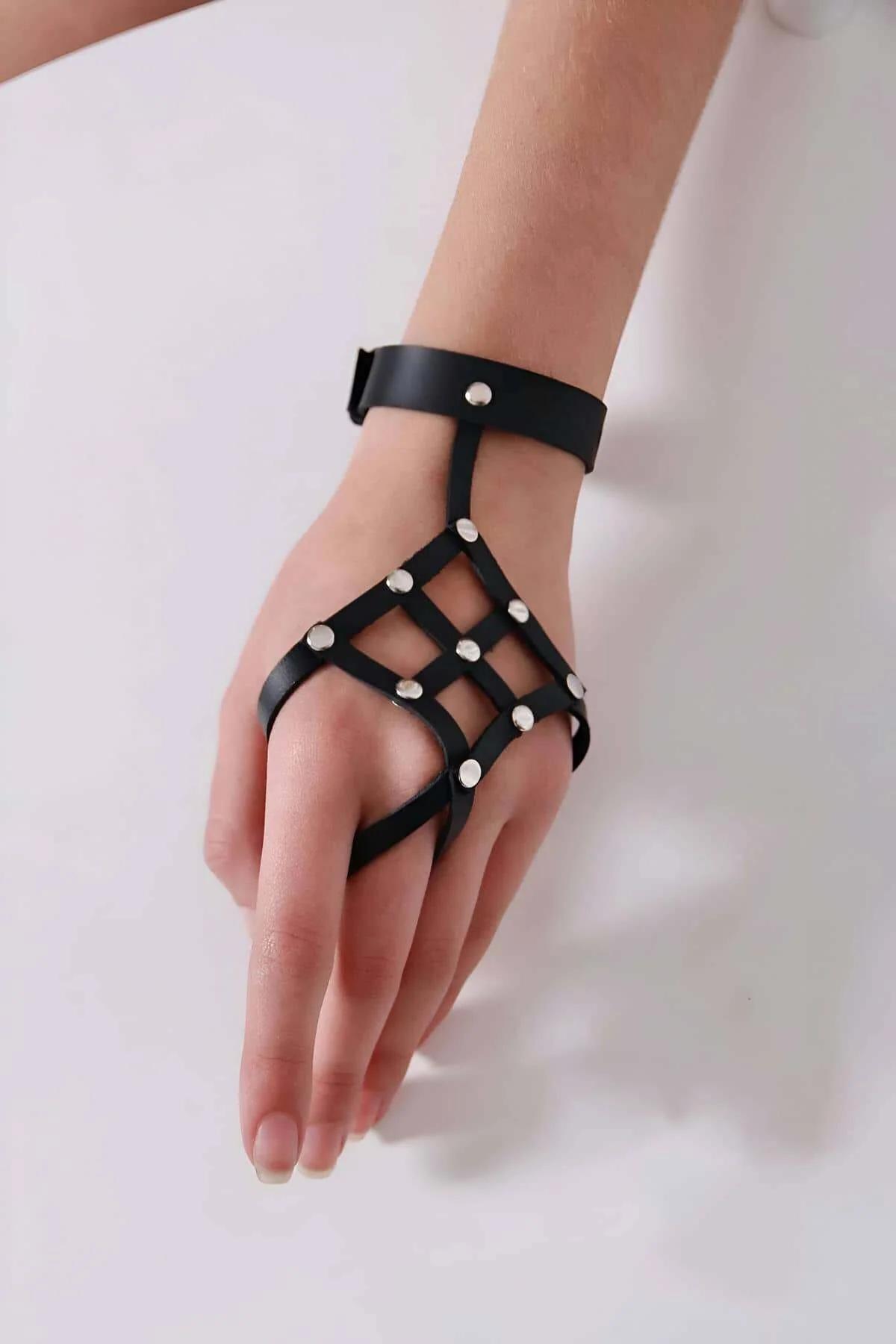 Leather Hand Harness Studded Fashion Wrist Cuff Accessory